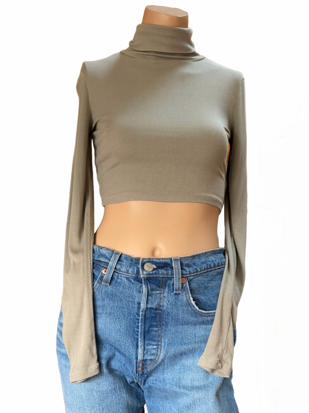 Sunday Best Aritzia Modal Ribbed Cropped Turtleneck Top Taupe Greige Small